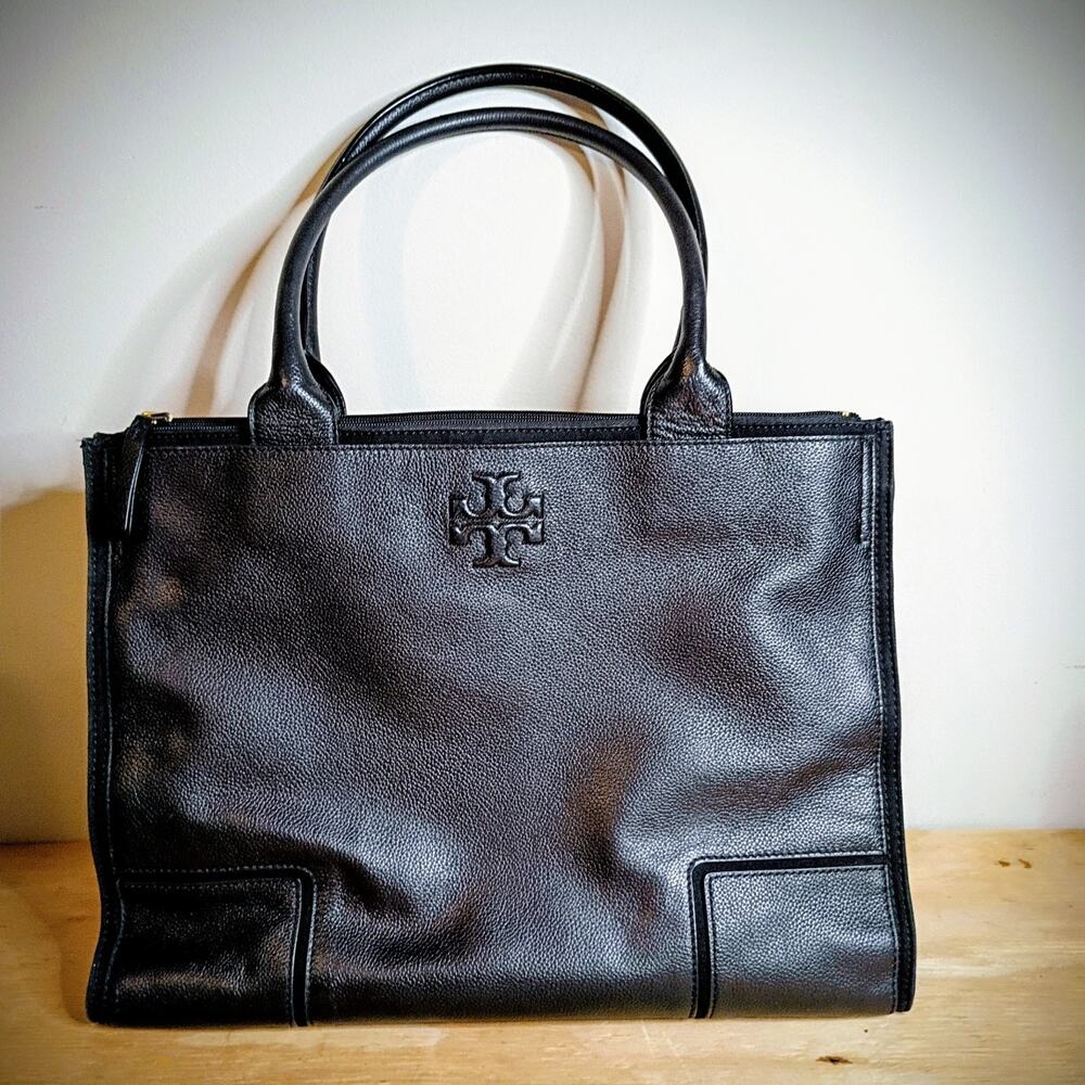 Tory Burch Big Ella Leather Tote Canvas Sides Handbag Shoulder Bag Purse